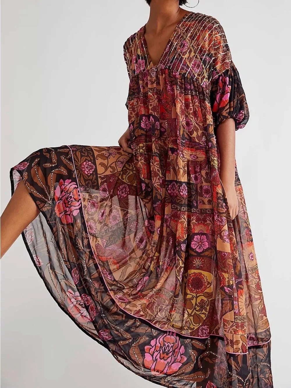 Free people no more to dream Bohemian Patchwork Floral V-Neck Maxi Dress